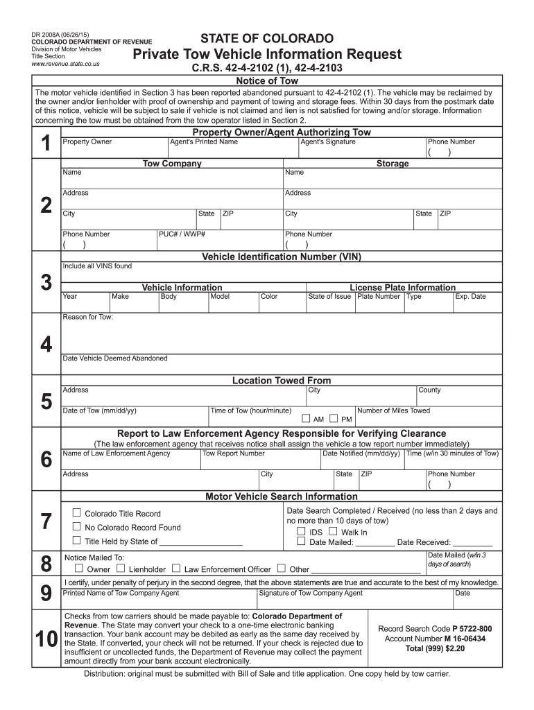 DR 2008A 062615 COLORADO DEPARTMENT of REVENUE STATE  Colorado  Form