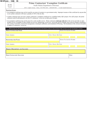 Prime Contractors Exemption Certificate State Sd  Form