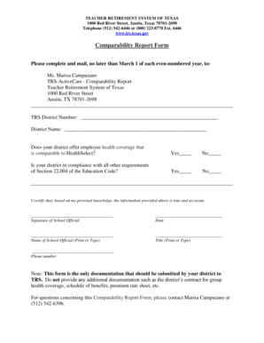 TRS ActiveCare Comparability Report Form Trs State Tx