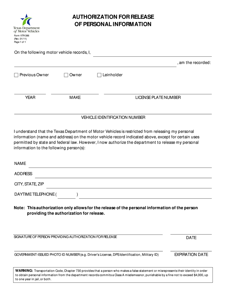  AUTHORIZATION for RELEASE of PERSONAL INFORMATION TxDMVGOV Txdmv 2011