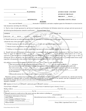 CAUSE NO PLAINTIFFS JUSTICE COURT EVICTION Vs  Form