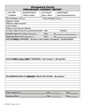 Preliminary Incident Report  Form