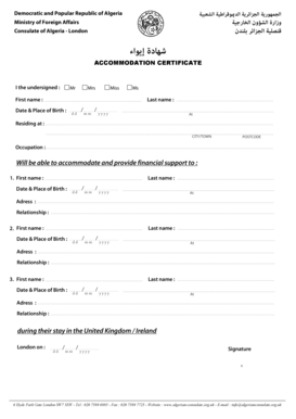 Democratic and Popular Republic of Algeria Ministry of Foreign Affairs Consulate of Algeria London ACCOMMODATION CERTIFICATE I T  Form