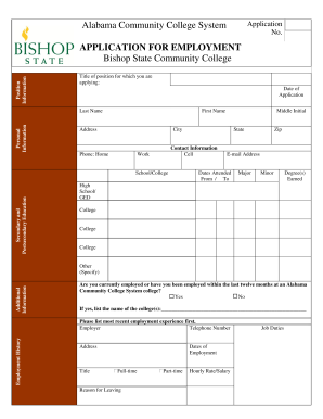 APPLICATION for EMPLOYMENT Bishop State Community College Bscc Cc Al  Form