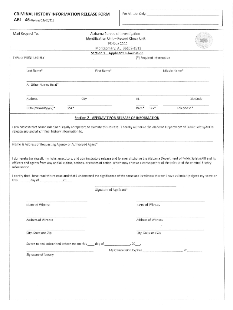 ABI 46x1112 Criminal History Information Release Form