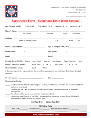Registration Form Sutherland Dixie Youth Baseball
