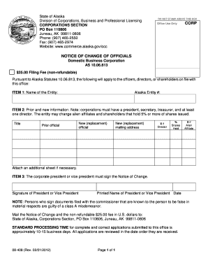 Get and Sign Govocc NOTICE of CHANGE of OFFICIALS Domestic Business Corporation as 10 Commerce Alaska 2017 Form