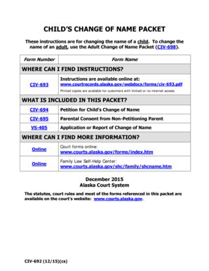 CIV 692 Childs Change of Name Packet Coversheet Civil Forms