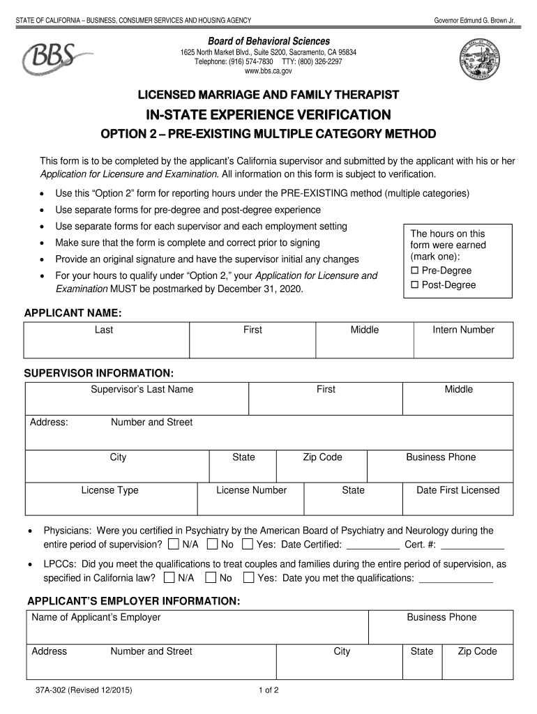  LMFT Experience Verification in State Option 2 LMFT Experience Verification in State Option 2  Bbs Ca 2015