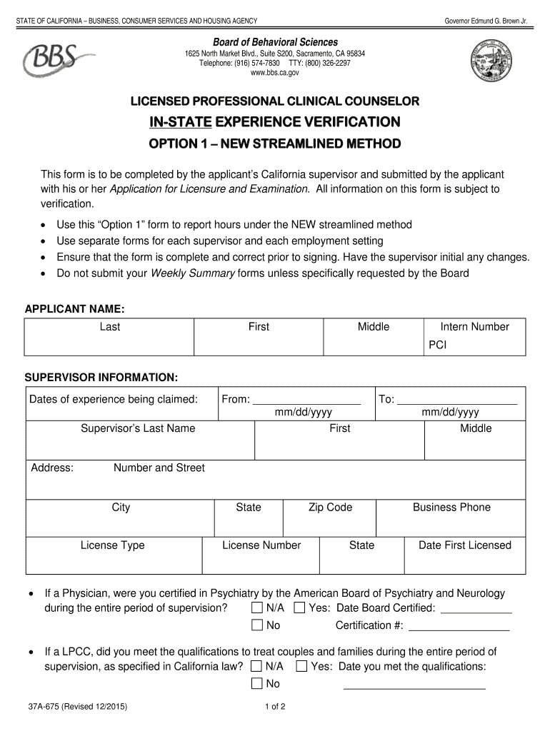  Mft Experience Verification Form Option 1 2015-2024