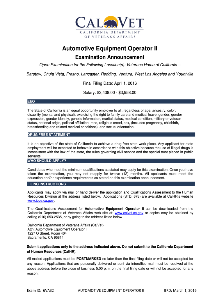 Automotive Equipment Operator II Calvetcagov Calvet Ca  Form