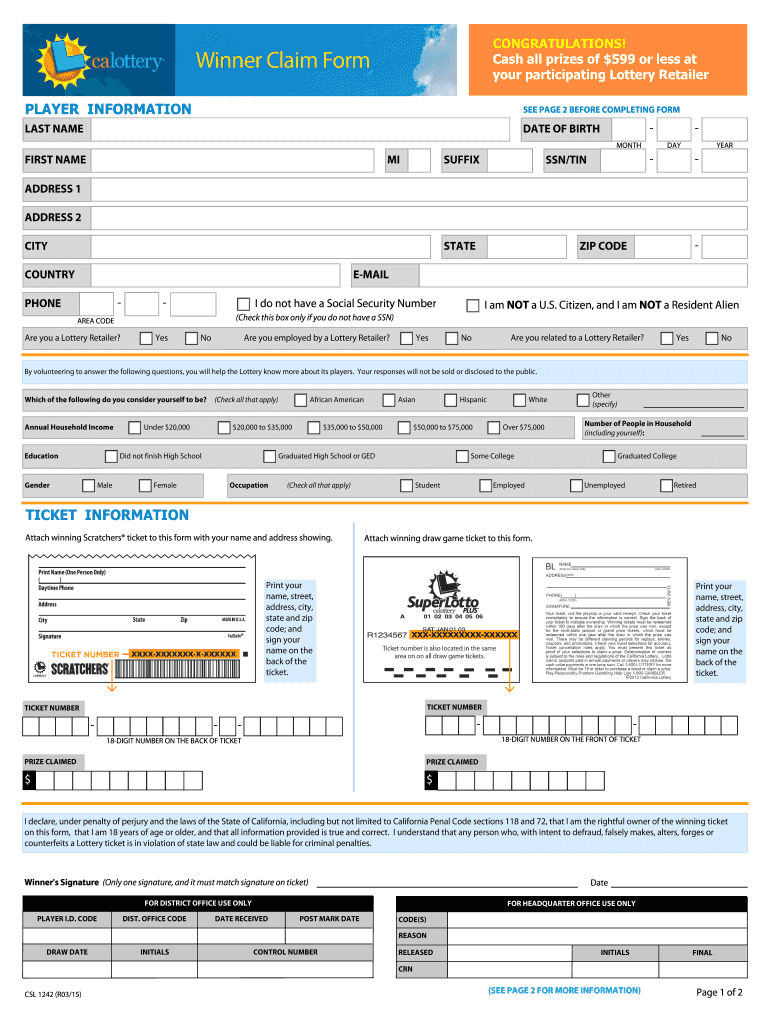 California Lottery Claim Form Fill Out and Sign Printable PDF