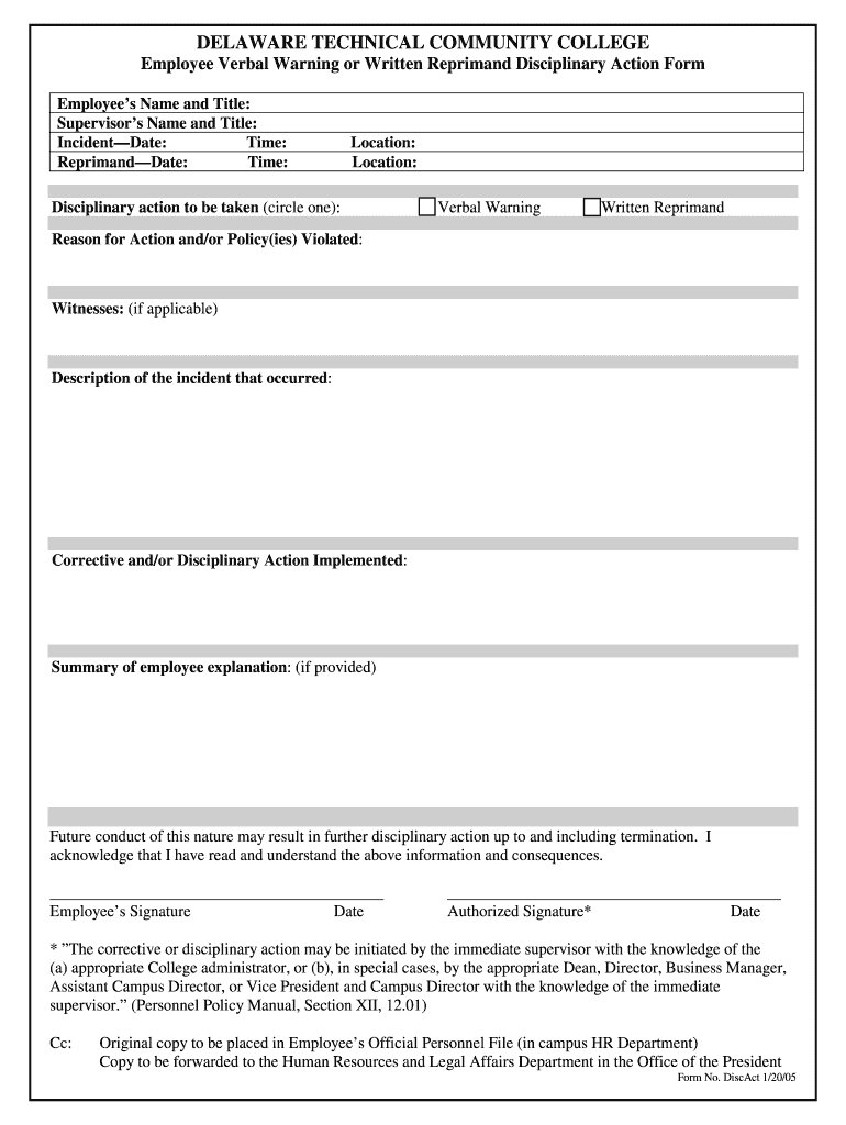  Corrective Action Form Verbal Written Dismissal 2005-2024