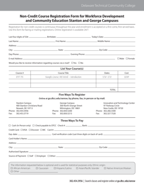 Non Credit Course Registration Form for Workforce Dtcc