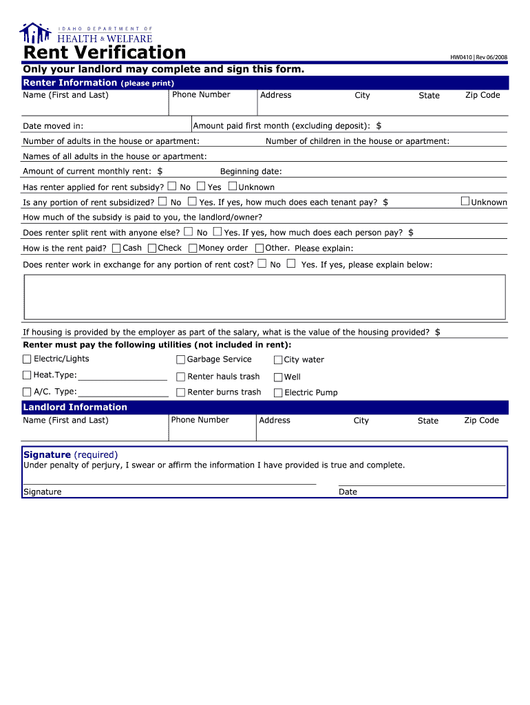 Only Your Landlord May Complete and Sign This Form Healthandwelfare Idaho