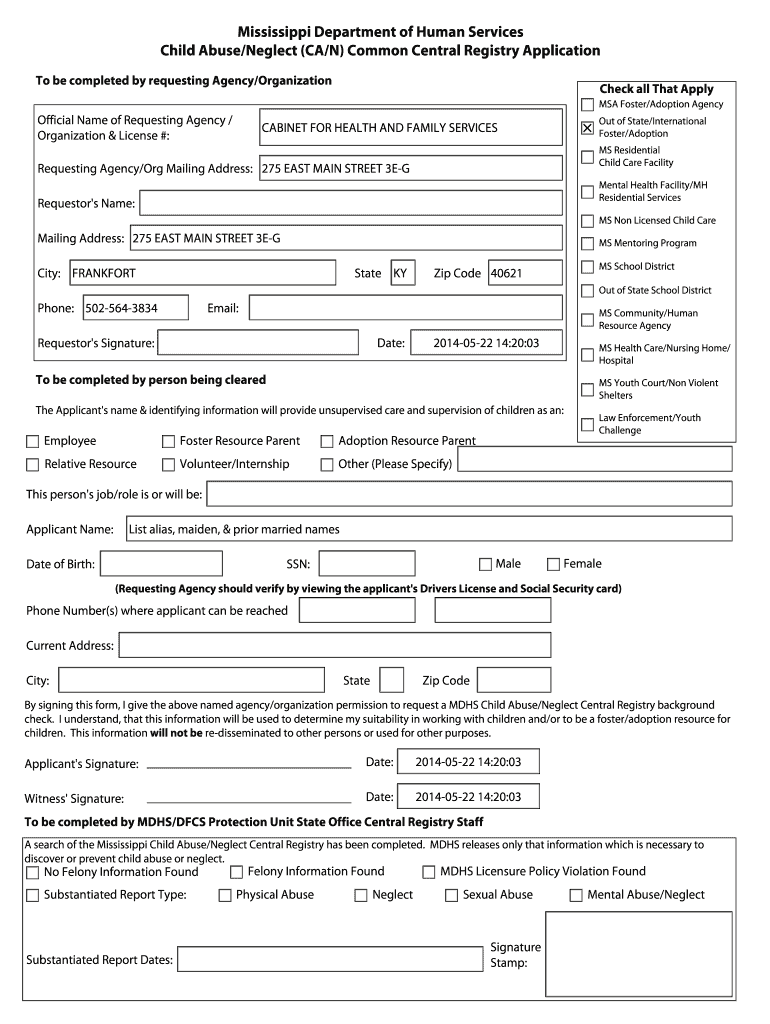 Mississippi Central Registry Clearance  Form