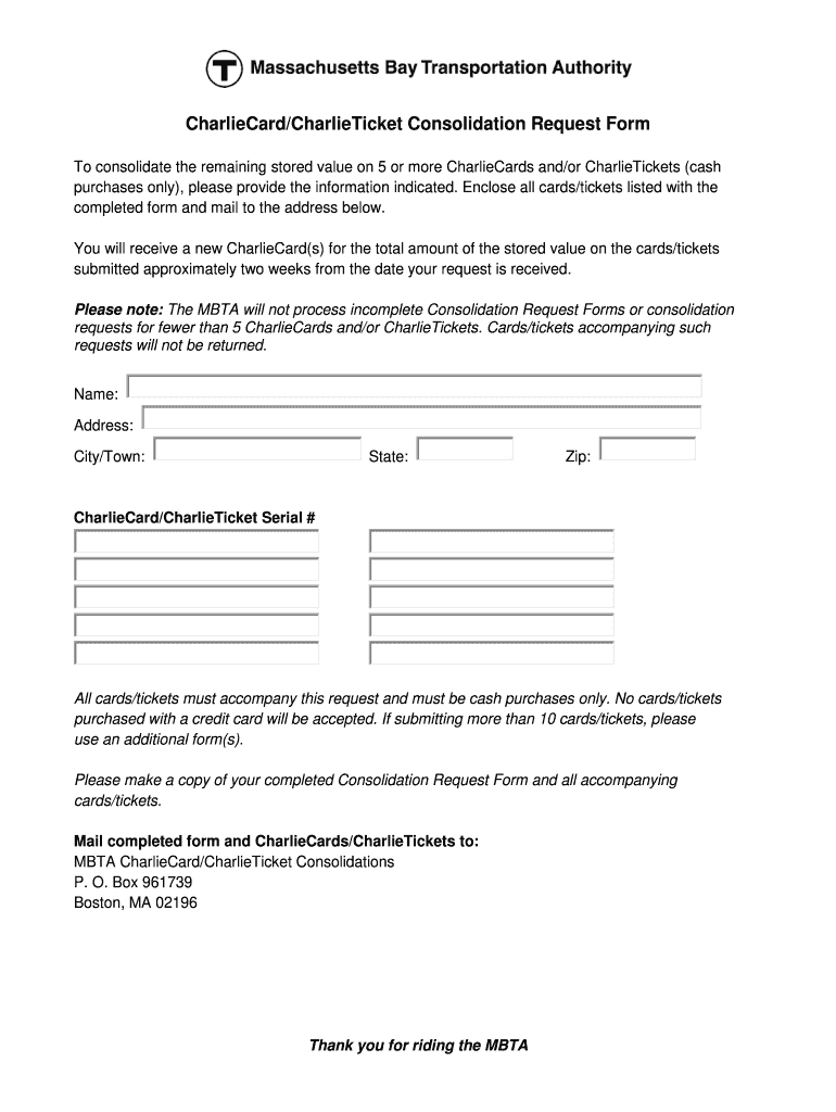 CharlieCardCharlieTicket Consolidation Request Form