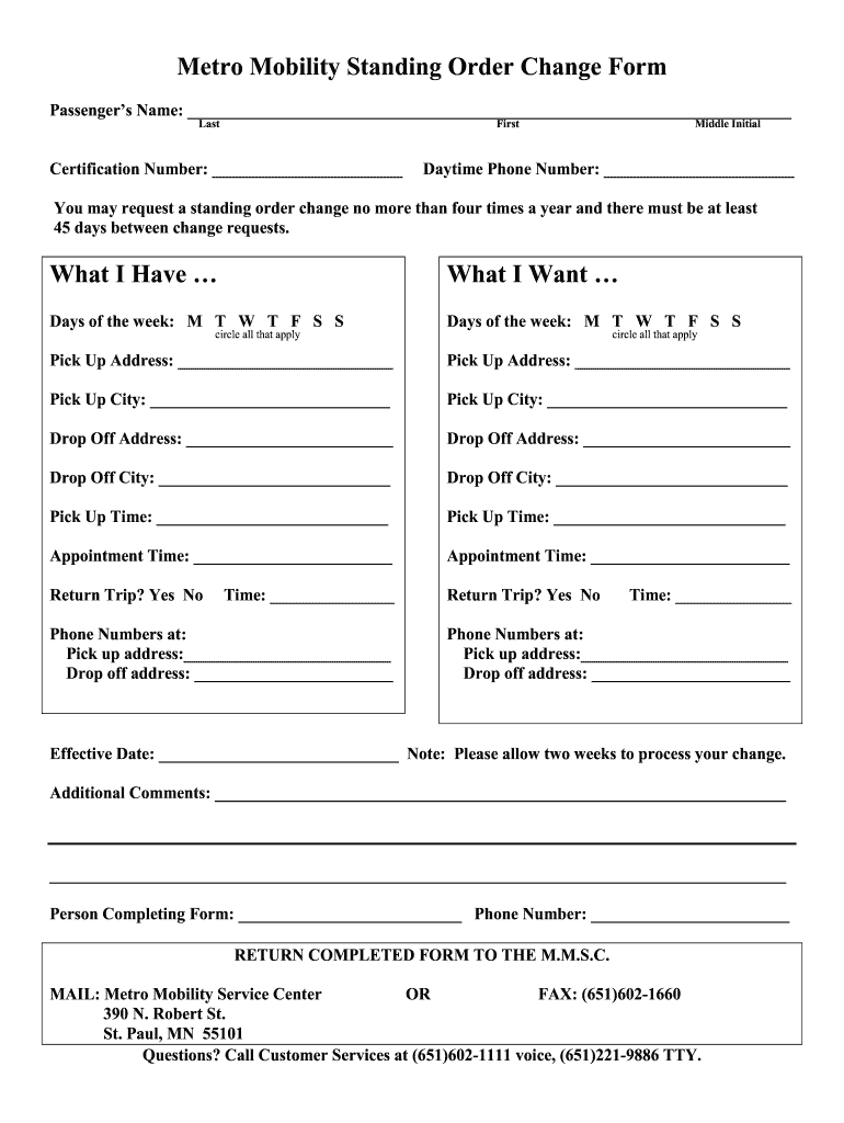 Metro Mobility Standing Order  Form