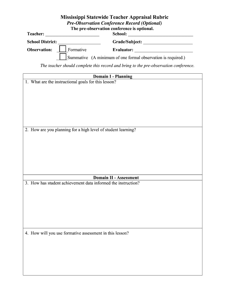 Mississippi Statewide Teacher Appraisal Rubric Pre  Mde K12 Ms  Form