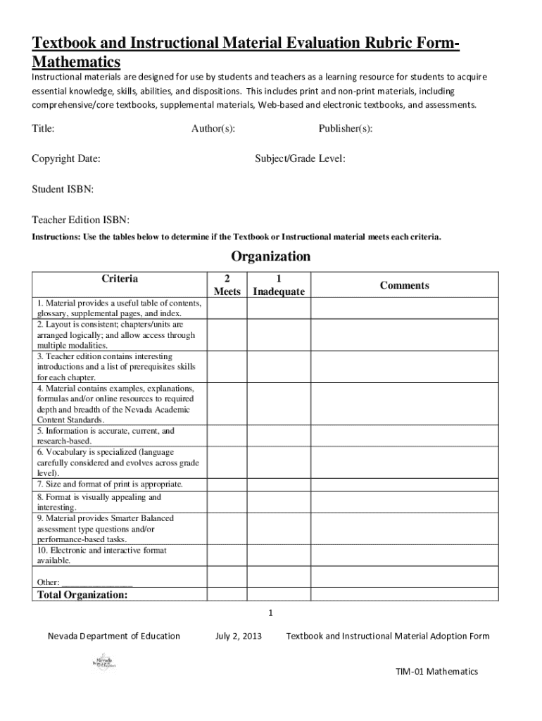 Sample Rubrics for Instructional Materials  Form