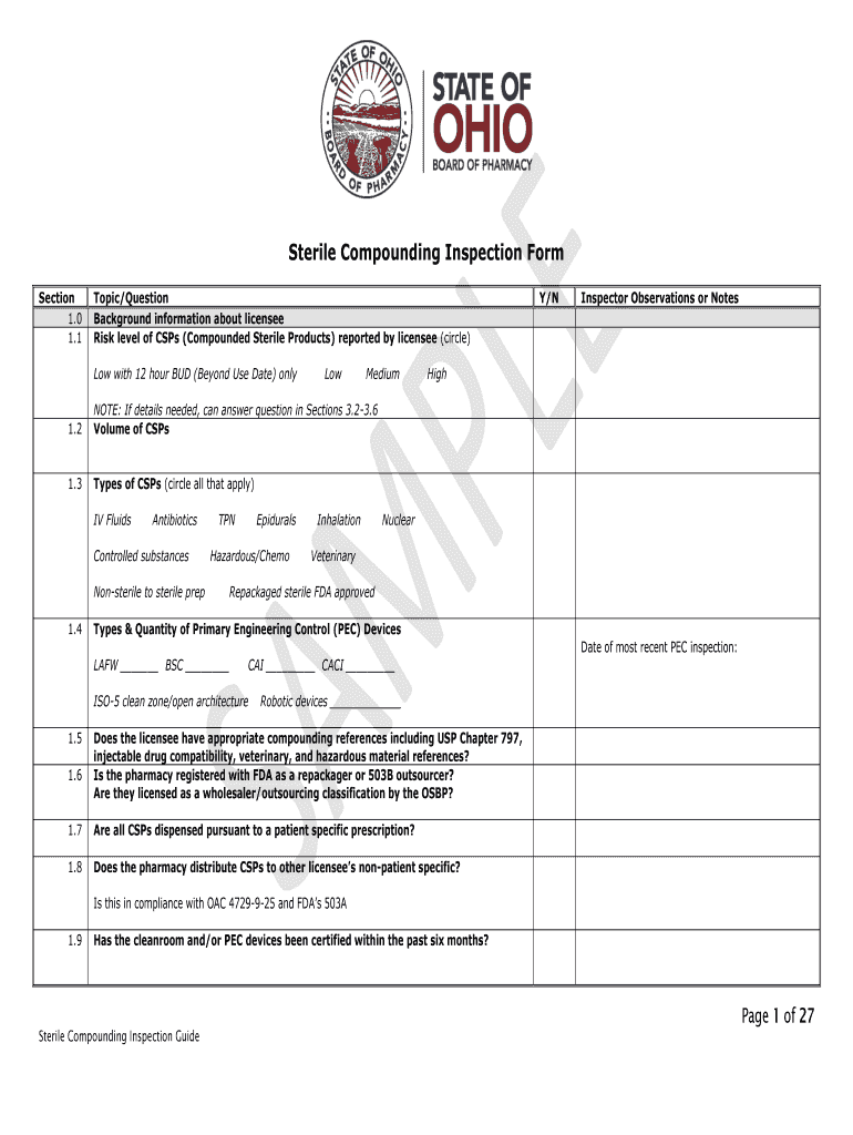 Sterile Compounding Inspection Form Board of Pharmacy Pharmacy Ohio