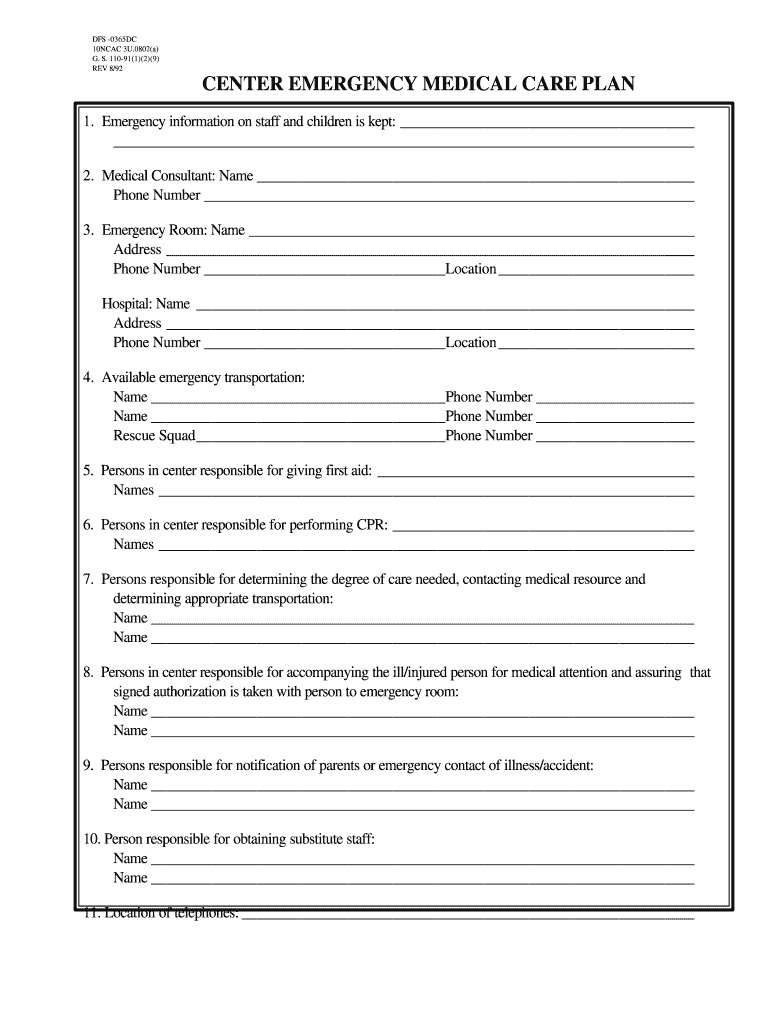 Center Emergency Medical Plan  Form