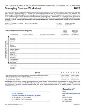 Surveying Courses Worksheet 1012 Peps Ohio  Form