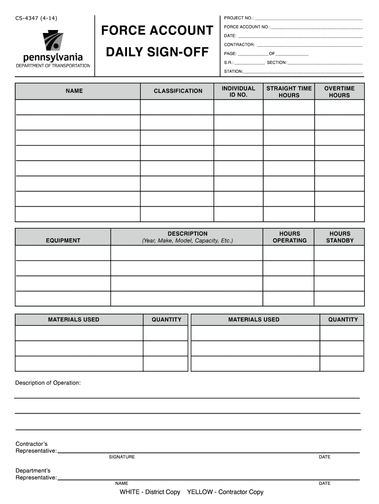  CS 4347 4 14 Force Account Daily Sign off  PennDOT Home 2014