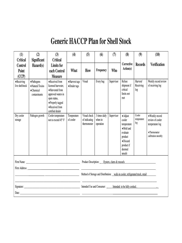 Generic HACCP Plan for Shell Stock  Rhode Island  Health Ri  Form