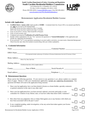 Reinstatement Application Residential Builder License  Form