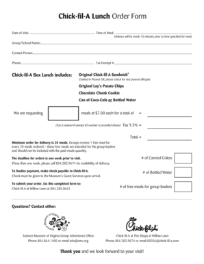 Chick Fil a Order Form