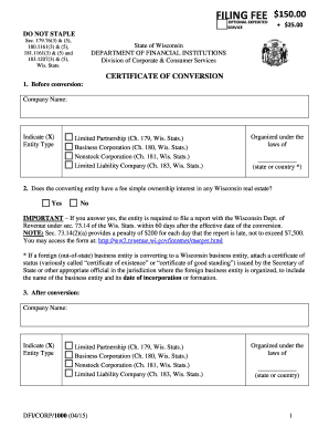  Certificate of Conversion Wisconsin Department of 2015