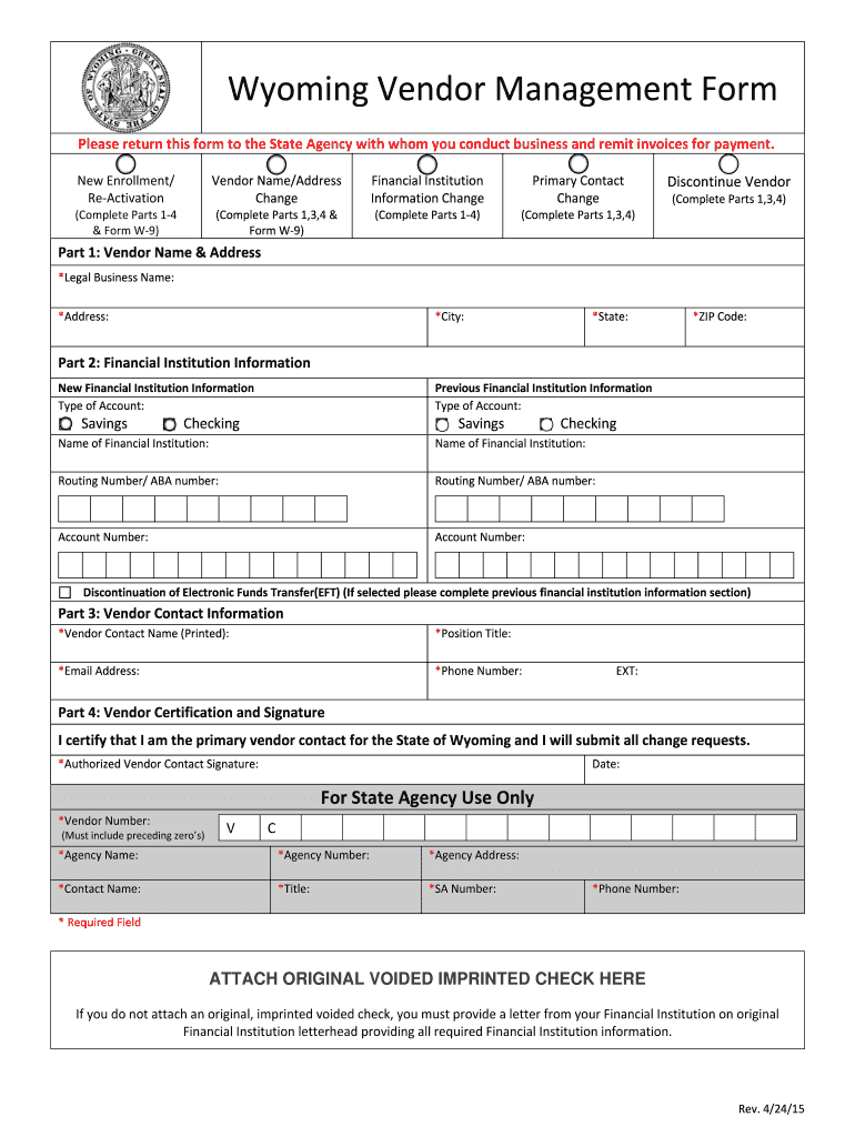  Wyoming Vendor Management Form  Wyospcrstatewyus  Wyospcr State Wy 2015-2024