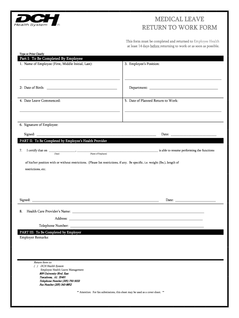 MEDICAL LEAVE RETURN to WORK FORM DCH Health System