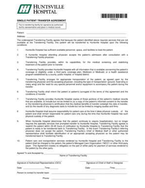 SINGLE PATIENT TRANSFER AGREEMENT Huntsville Hospital System Huntsvillehospital  Form