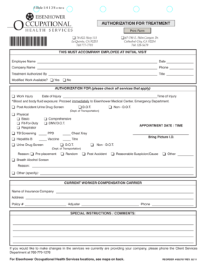 EISENHOWER OCCUPATIONAL AUTHORIZATION for TREATMENT EMCorg Emc  Form