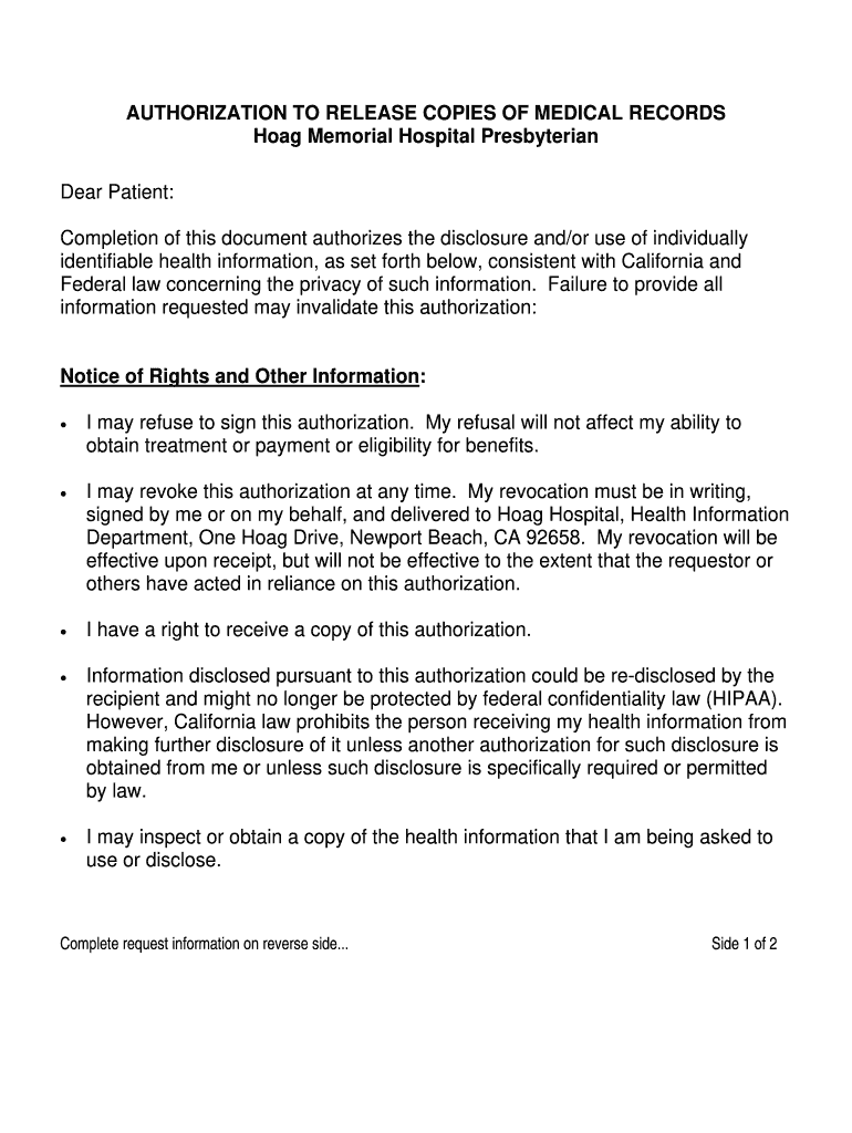  Hoag Medical Records Form 2014