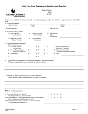 Initial Functional Assessment Questionnaire Spanish Gillettechildrens  Form