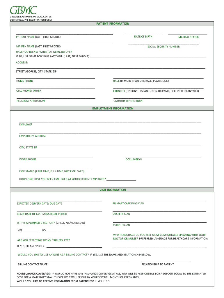 Get and Sign GREATER BALTIMORE MEDICAL CENTER OBSTETRICAL PRE  Gbmc  Form