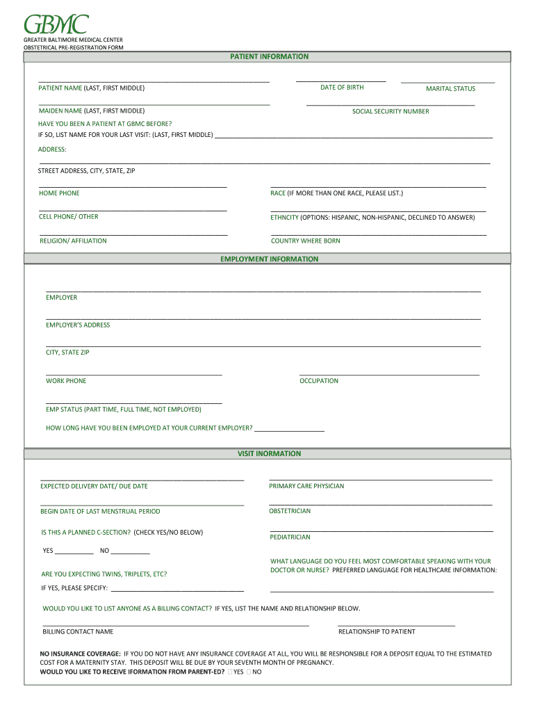 GREATER BALTIMORE MEDICAL CENTER OBSTETRICAL PRE  Gbmc  Form