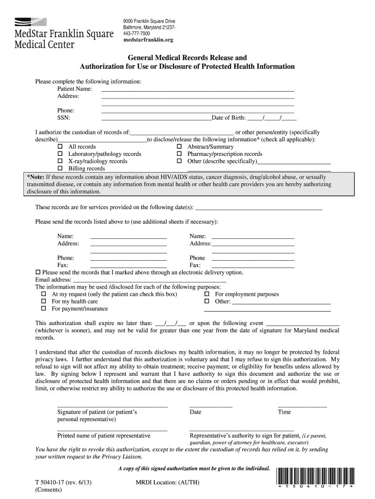  Authorization for Use or Disclosure MedStar Health 2013-2024