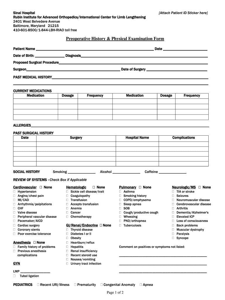 Preoperative History Physical Examination Form Lifebridgehealth