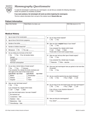 Patient Mammography Questionnaire MC5072 01 Patient Mammography Questionnaire Mammography Questionnaire Assist Technologist Perf  Form