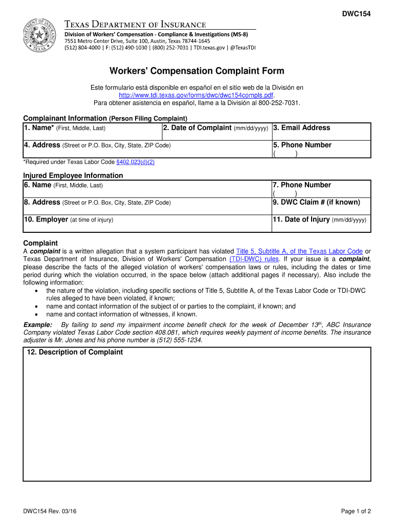 Workers' Compensation Complaint Form Texas Department of