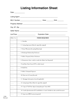 Mls Listing Sheet Template  Form