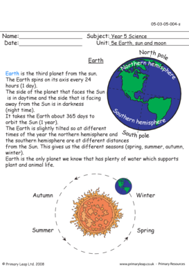 Earth Sun and Moon Worksheets for Grade 5 PDF  Form