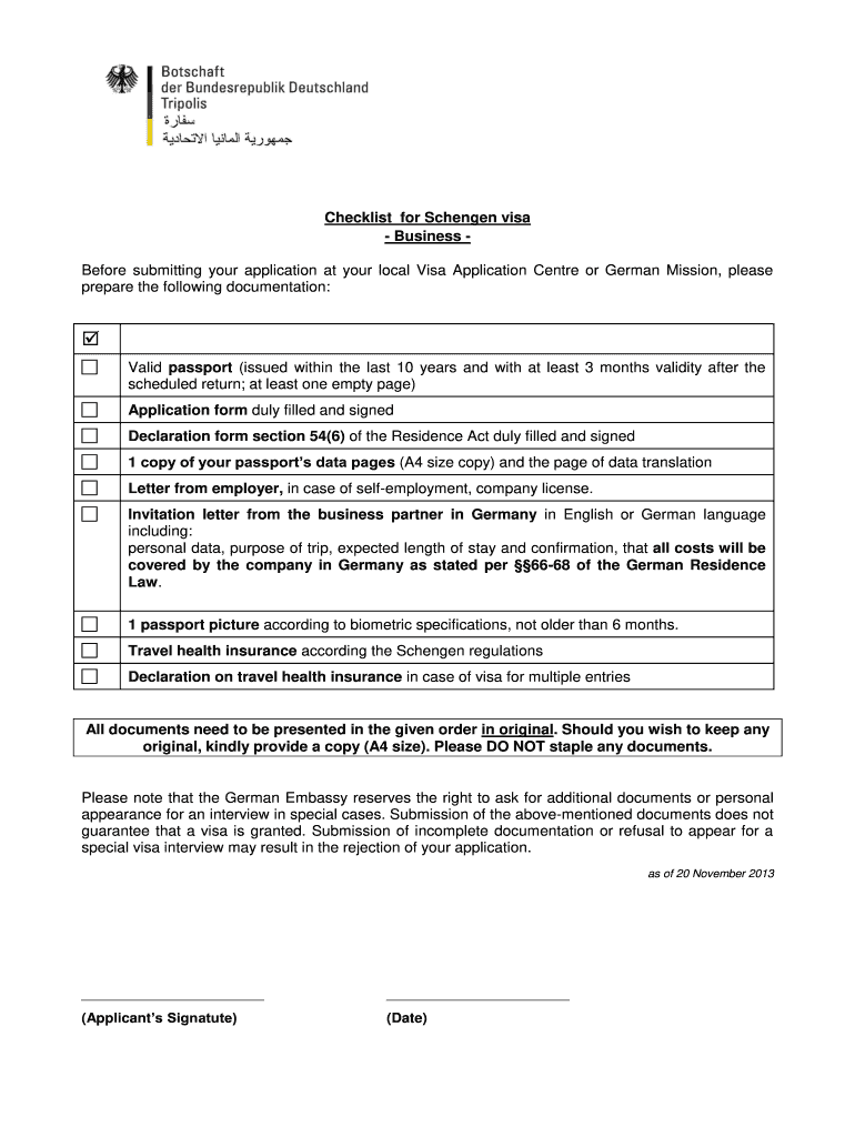 Checklist for Schengen Visa  Business  VFS Global  Form