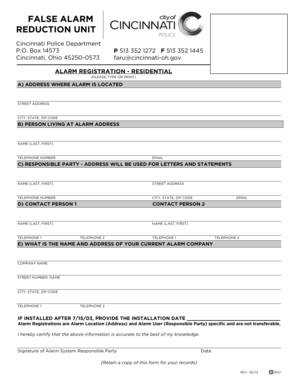 Cincinnati False Alarm Reduction Unit  Form