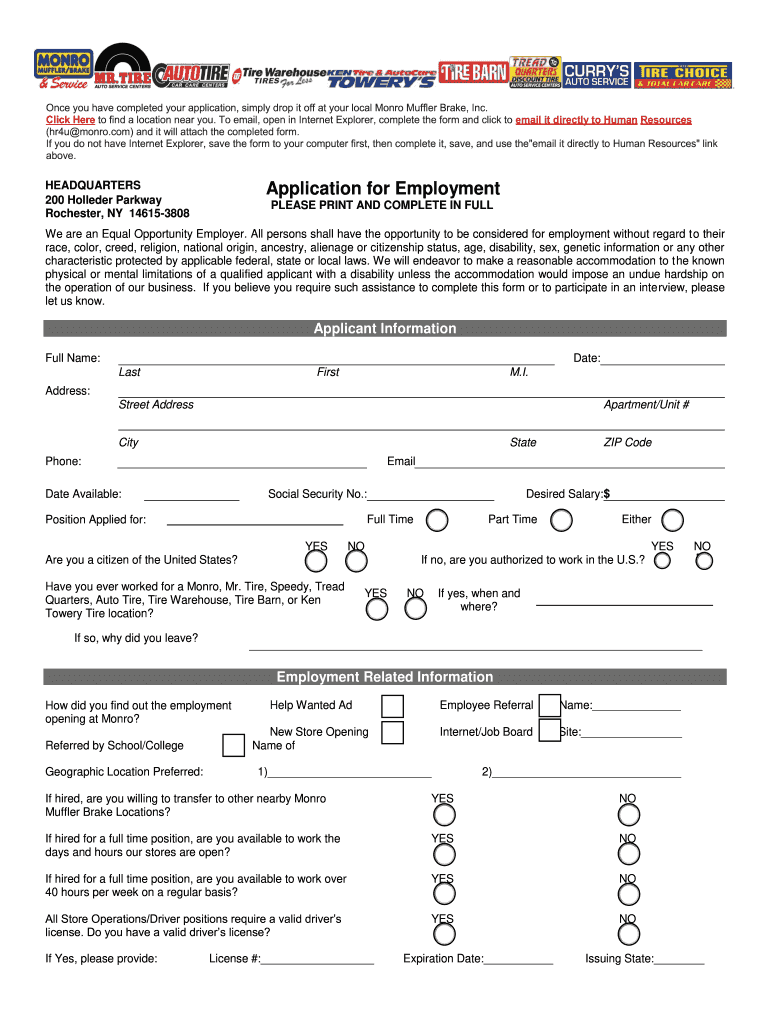 HEADQUARTERS Application for Employment  Monrocom  Form