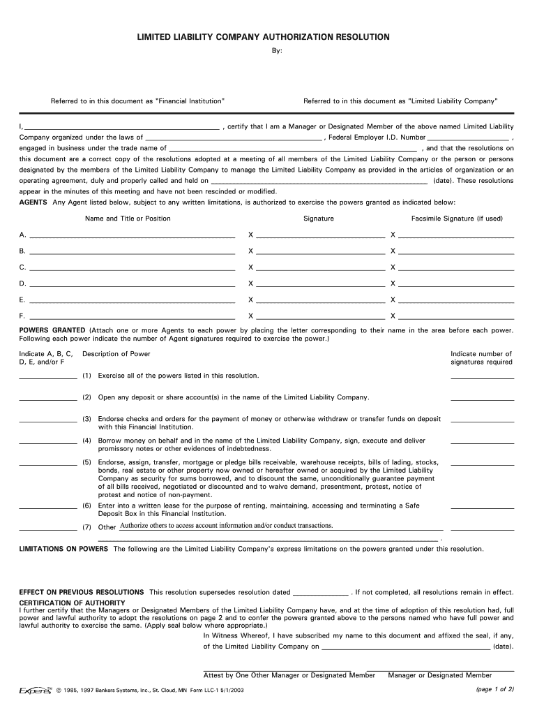 LIMITED LIABILITY COMPANY AUTHORIZATION RESOLUTION  Form